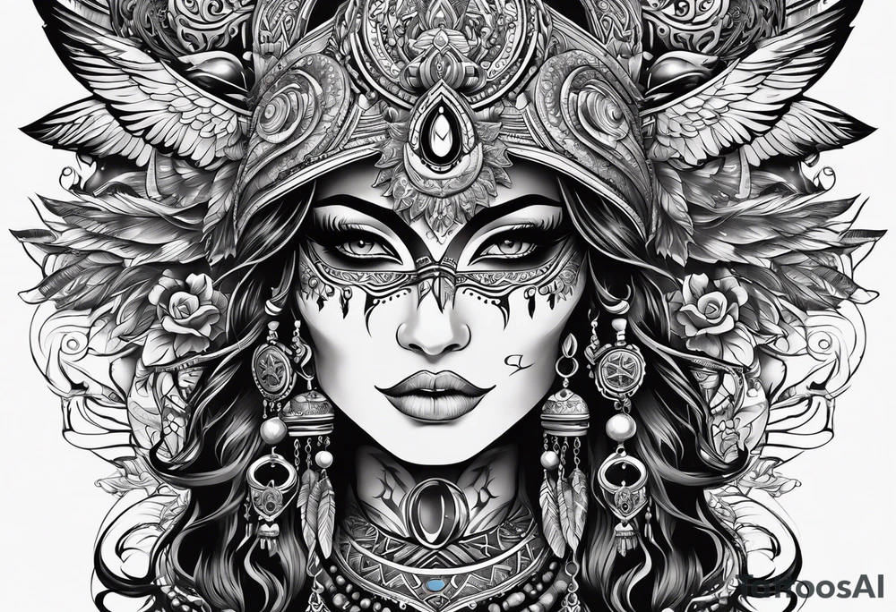 black kali, goddess pirate, alien, pachamama, valkrye, warrior, skull, lotus azul, wing, eagle, zenza resonance, stars, 5D tattoo idea