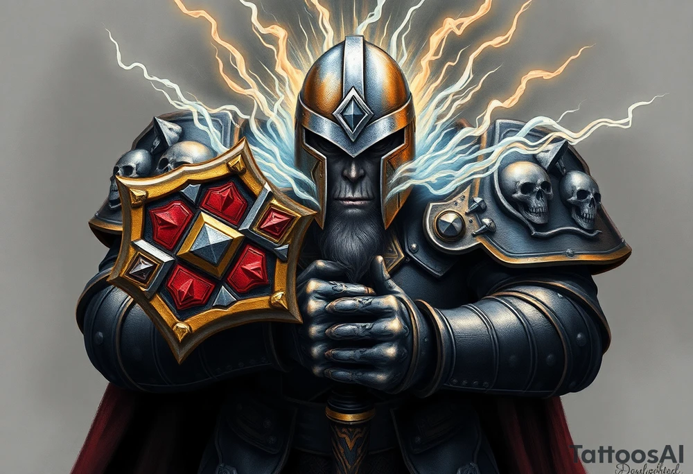 Warhammer, the Old World. A warrior priest of Sigmar holding The Warhammer of Sigmar. The Warhammer of Sigmar is radiating thunderous energy. The Warhammer is held by the warrior priest with both hands at the handle with a firm grip inorder to contain its unlimited energy, upon his chest level. The Warrior priest is wearing dark alloyed heavy armour (reference armor from warhammer vermintide 2 Victor Saltzpyres, the warrior priest of Sigmar class) with skull sigils on his shoulder pads. The warrior priest is wearing a helmet, while the helmets front visor has an humanoid face covering. The helmet and armour are gladened with hints of gold and crimson red. The Warhammer is silverish and golden with a long handle tattoo idea