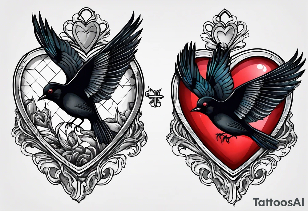 heart locket with black bird flying away with key tattoo idea