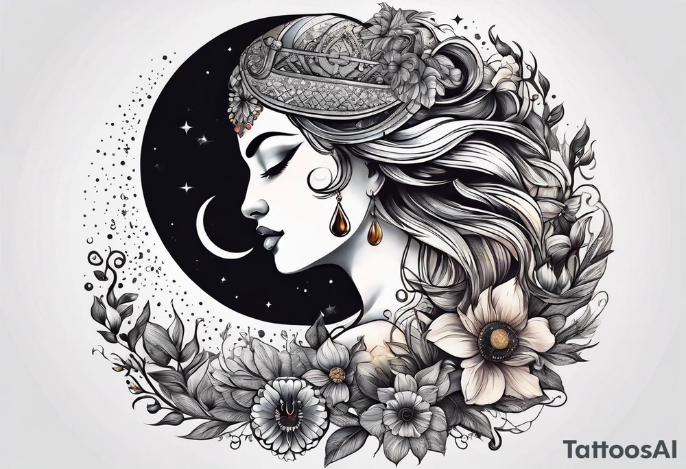 Half moon with beautiful zodiac background tattoo idea