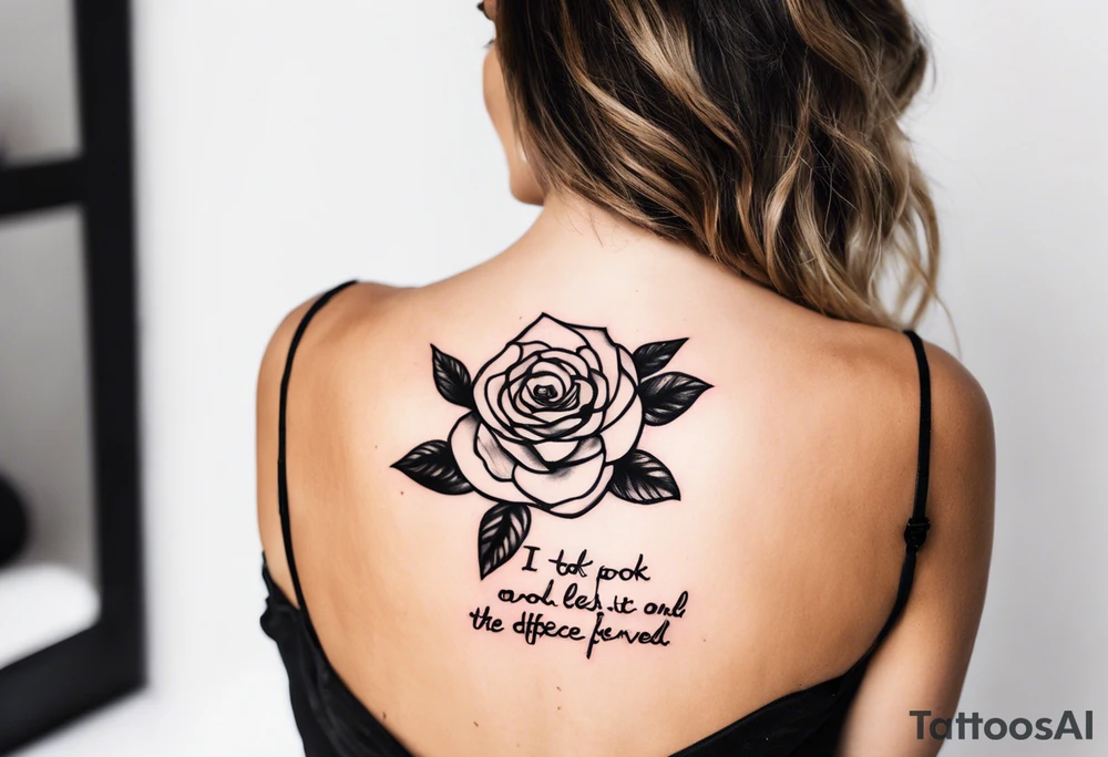 Create a back tattoo with rose petals and the quote “I took the one less traveled by and it had made all the difference” tattoo idea