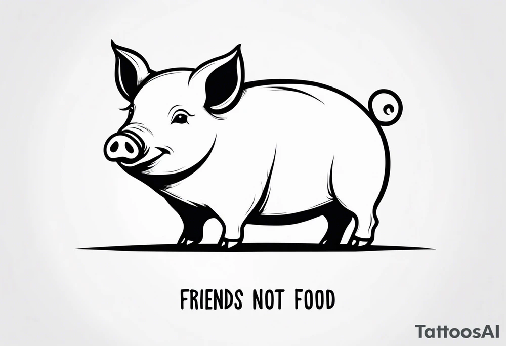 cute pig or piglet.
with text: "friends not food" 

only very thin lines. no shading. black and white only. simple outline only tattoo idea