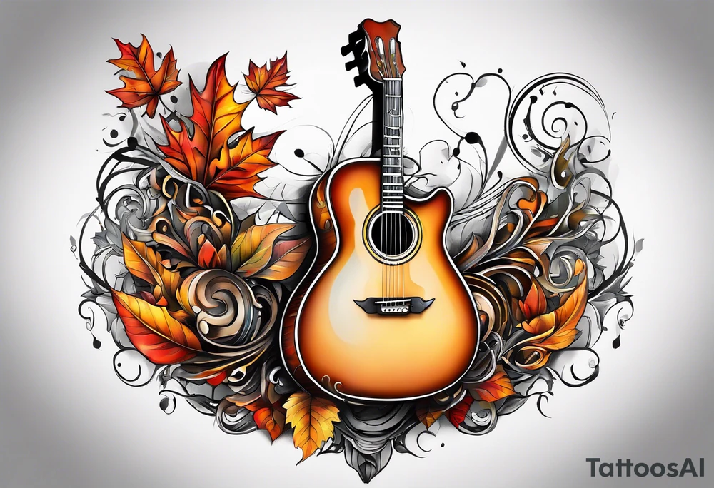 thigh tattoo with fall colors music notation symbols and a guitar tattoo idea
