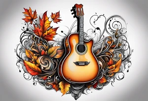 thigh tattoo with fall colors music notation symbols and a guitar tattoo idea