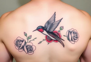Swallow bird, with ruby color roses tattoo idea