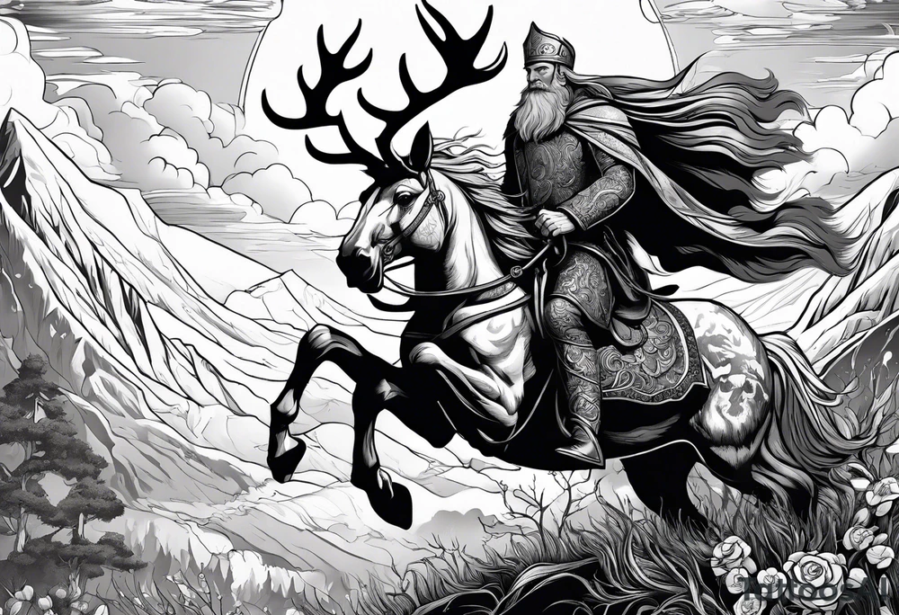 Nordic god Balder in the land of the dead riding on an undead stag tattoo idea