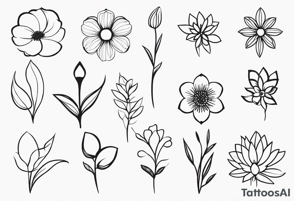 “Produce a series of minimalist flower tattoos, each representing different blooms with a focus on simplicity and beauty.” tattoo idea