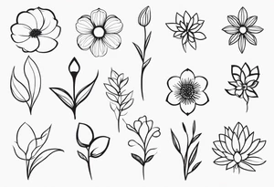 “Produce a series of minimalist flower tattoos, each representing different blooms with a focus on simplicity and beauty.” tattoo idea