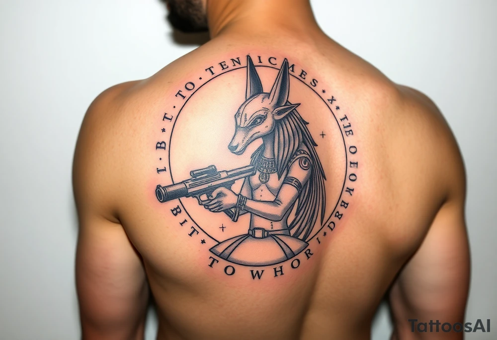 "Anubis in a ufo, holding a tommy gun. His jackal head is half-cyborg (exposed circuits). Hieroglyph background spells 'BTC TO THE MOON'.  

Style: Art Deco meets cyber-Egyptian. Black/red/gold ink. Forearm sleeve." tattoo idea