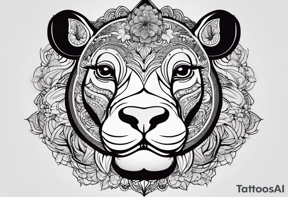 Very asymmetrical, +geometric pattern, with realistic full moon, with big eyes small ears 
hippo, +zen feel, + Buddhism touch, +tribal, +geometric, +inkart 
with wintersweet flower bud, +portrait orientation, +inkart touch, tattoo idea