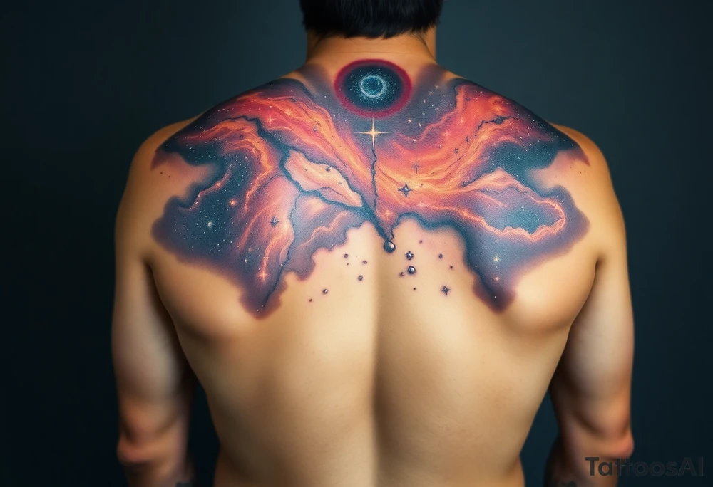 Beautiful and epic 3d milky way that appears to be what is beneath the skin. Make it drape over the shoulder and move to the middle back. use negative spaces to create stars and dust. Incorporate God breathing life into the universe. IKeep it symmetrical tattoo idea