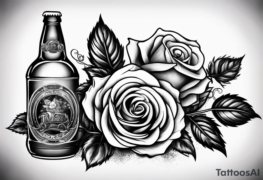 A bottle of beer and a stalk of rose in the bucket tattoo idea