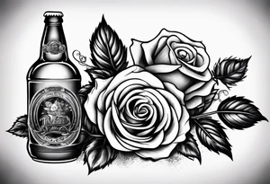 A bottle of beer and a stalk of rose in the bucket tattoo idea
