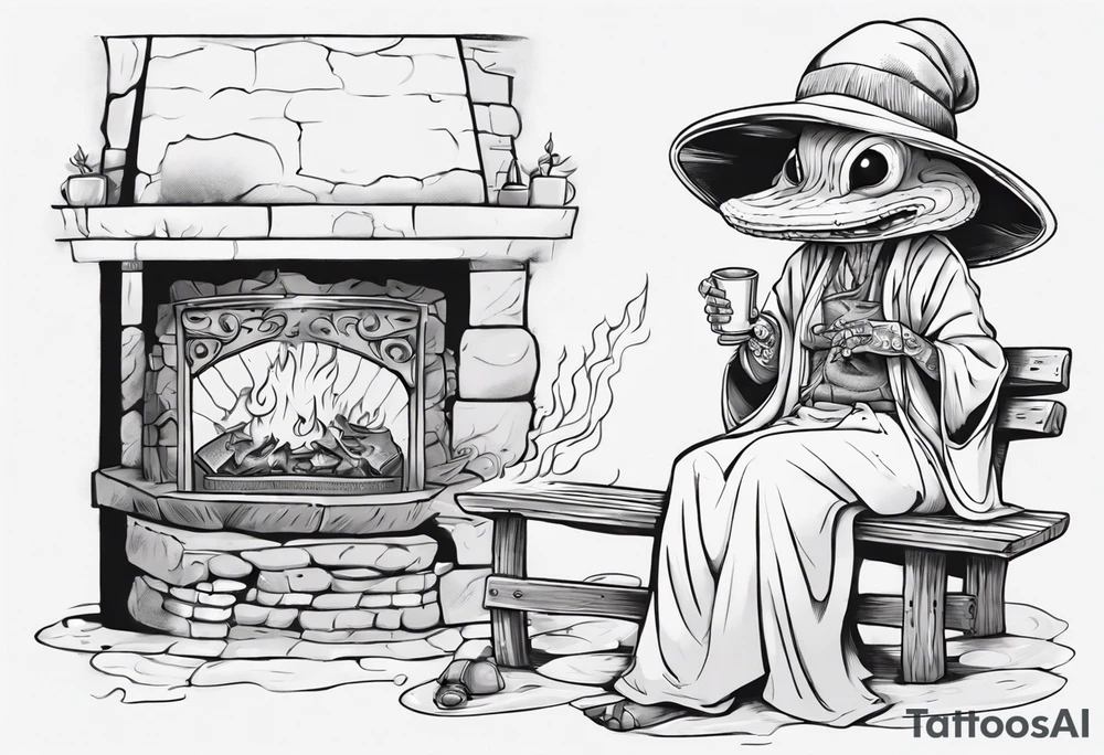 a myconid wearing a tunic and a floppy hat sitting on a bench by a fireplace drinking from a wood cup, smiling tattoo idea