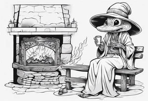 a myconid wearing a tunic and a floppy hat sitting on a bench by a fireplace drinking from a wood cup, smiling tattoo idea