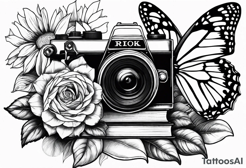 Butterfly, sunflower, camera, book,  flower rose tattoo idea