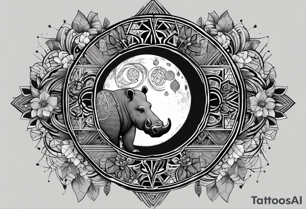 Very asymmetrical, +geometric pattern, with realistic full moon, with hippo at side look, +tribal, +geometric, +inkart , +blackwork, +grey scale, + sketch
with wintersweet flower bud, +inkart touch, +for men tattoo idea