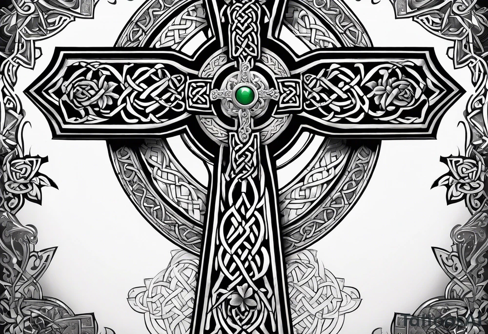 Celtic cross, shamrock in center, one Indian feather hanging from each side arm of cross tattoo idea