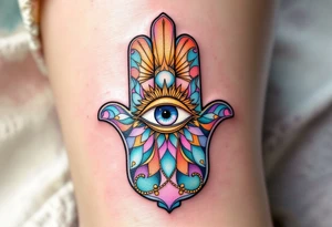 A soft pastel-colored Hamsa with an open eye emitting golden rays, representing clarity and enlightenment. tattoo idea