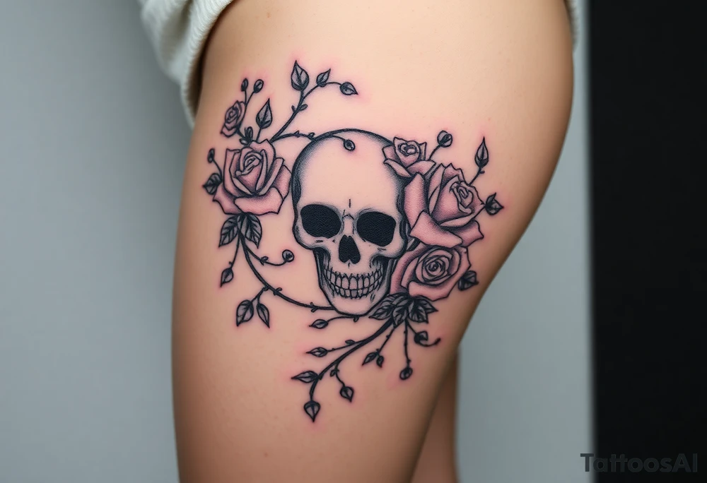gothic skull intertwined with climbing roses and thorny vines tattoo idea