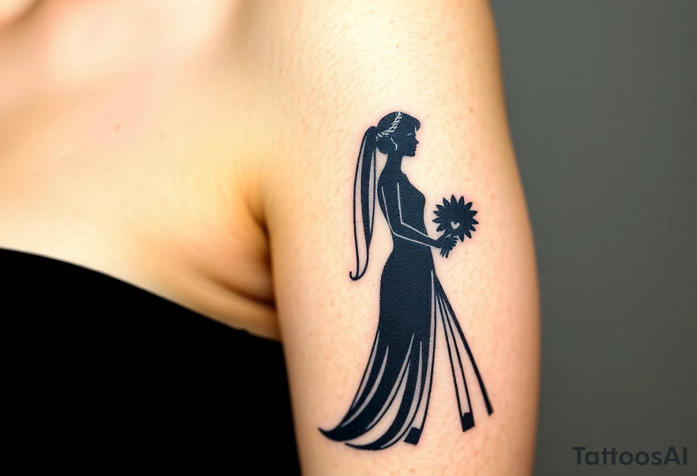 A black and white silhouette of a bride and groom in a romantic embrace, with soft golden highlights for warmth and elegance tattoo idea
