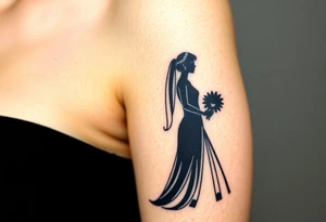 A black and white silhouette of a bride and groom in a romantic embrace, with soft golden highlights for warmth and elegance tattoo idea