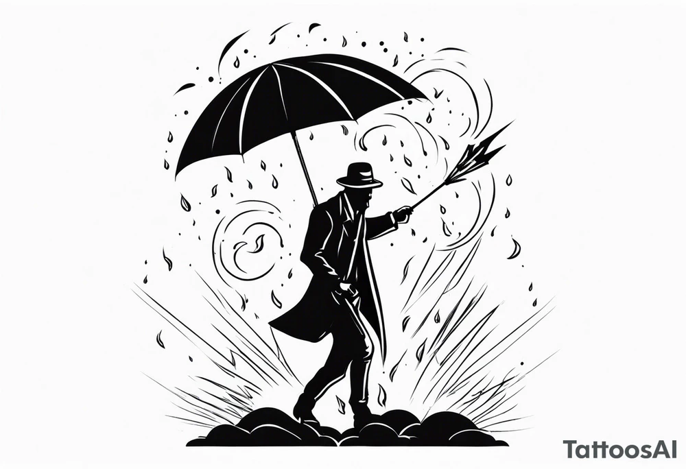 man with umbrella 
flaming arrows raining down from sky tattoo idea