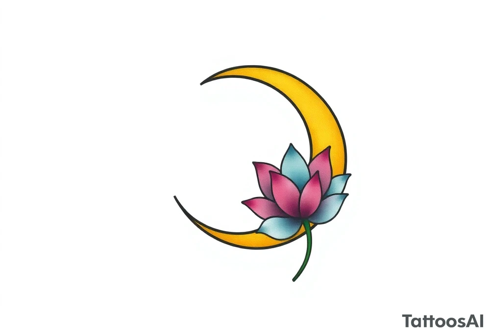 small colorful crescent moon with lotus flower tattoo idea