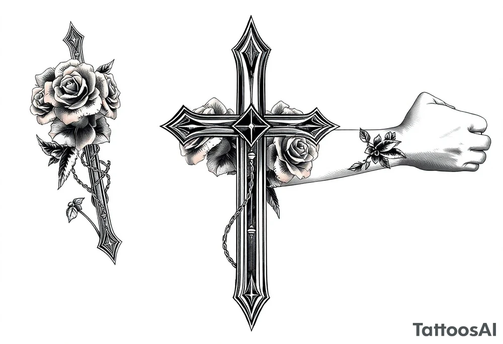 a cross with roses tattoo idea
