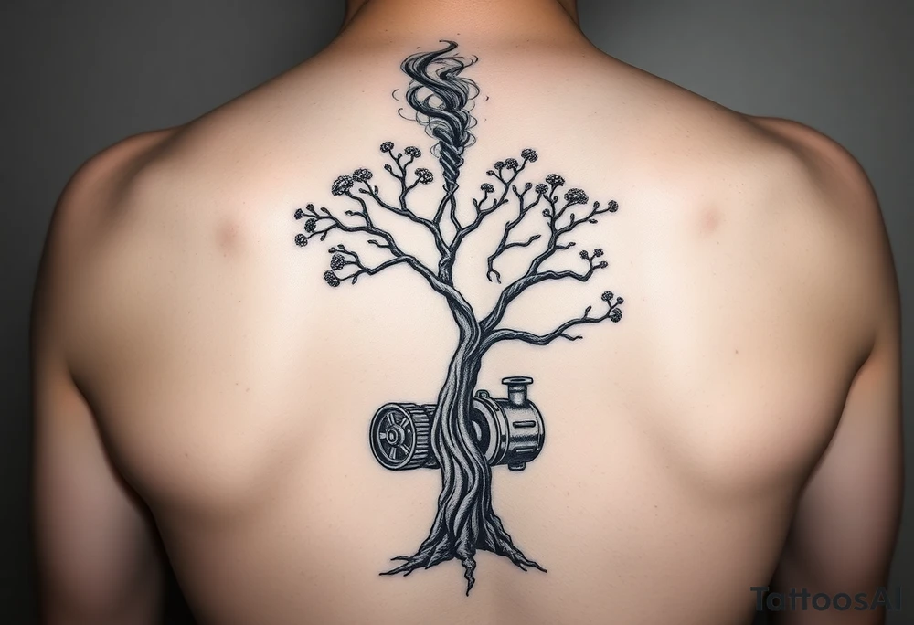 tree growing out of a v shaped 
engine with a smoke stack coming out of the top of the tree billowing black smoke with a steam punk vibe tattoo idea
