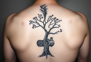 tree growing out of a v shaped 
engine with a smoke stack coming out of the top of the tree billowing black smoke with a steam punk vibe tattoo idea