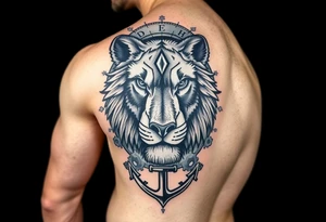 a fragmented depiction of a lions face revealing the eyes and face of both a Wolf and Bear, Compass Gears and an Anchor tattoo idea