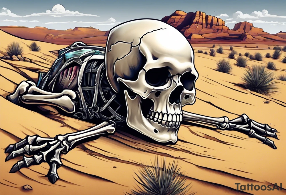 skeleton crawling towards a cross in a desert tattoo idea
