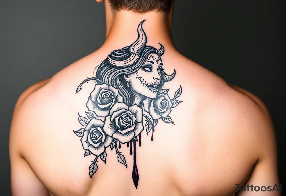 tribal demon woman with roses and blood tattoo idea