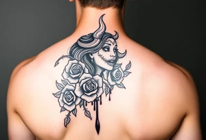 tribal demon woman with roses and blood tattoo idea