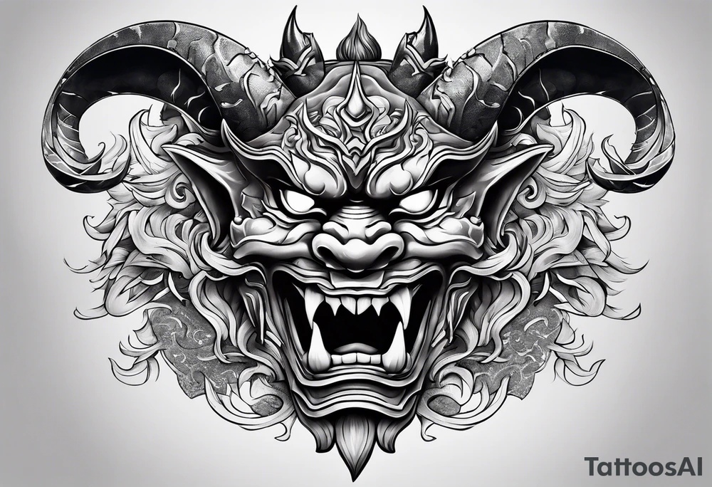 Oni mask with  adragon flying around the outside of it tattoo idea