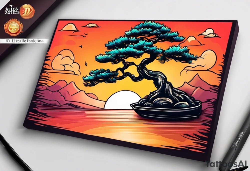 Sunset and little down bonsai trees tattoo idea