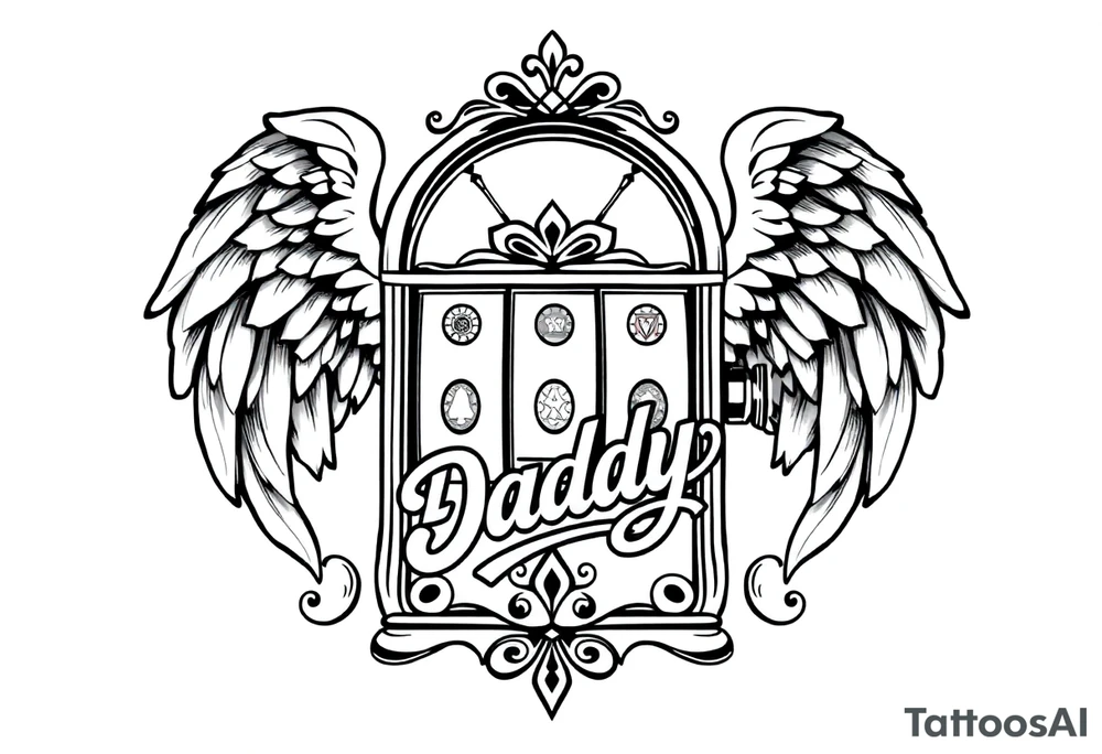 Slot machine with angel wings and word Daddy tattoo idea
