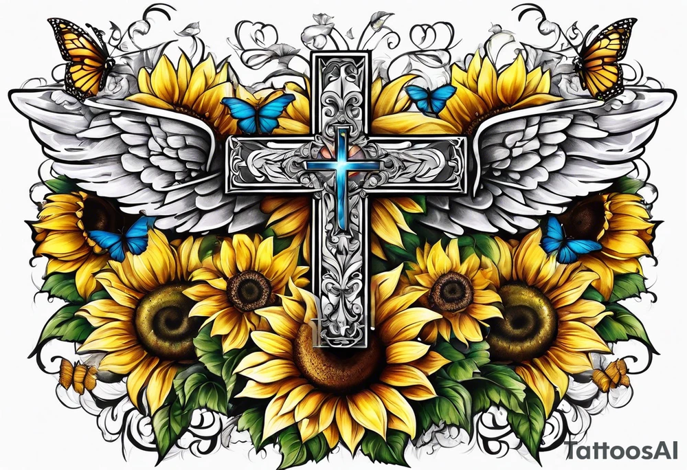 Winged cross with sunflower and butterflies tattoo idea
