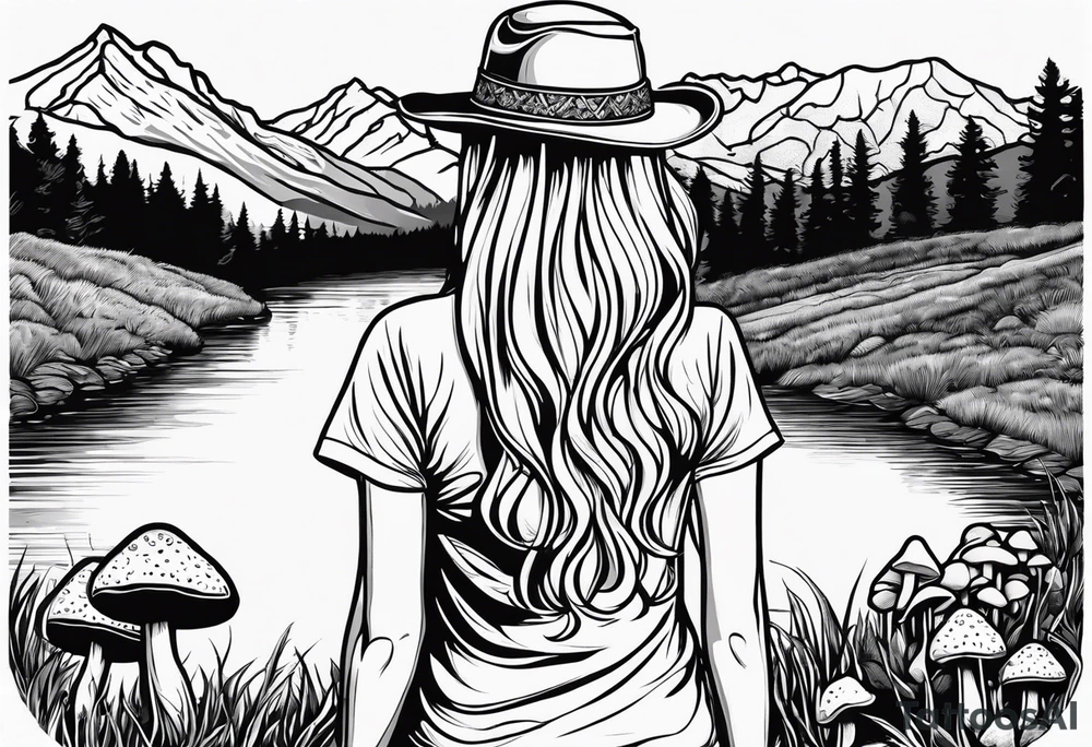 Straight long blonde hair hippie girl in distance holding mushrooms in hand facing away toward mountains and creek surrounded by mushrooms tee shirt and hiking pants tattoo idea