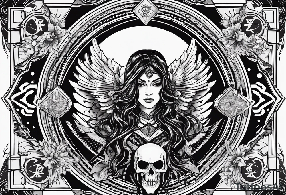black kali, goddess pirate, alien, angel, pachamama, valkrye, warrior, flying, skull, lotus azul, wing, eagle, zenza resonance, stars, 5D, anahata chakra, death, durga, riding on a tiger, flying lady tattoo idea