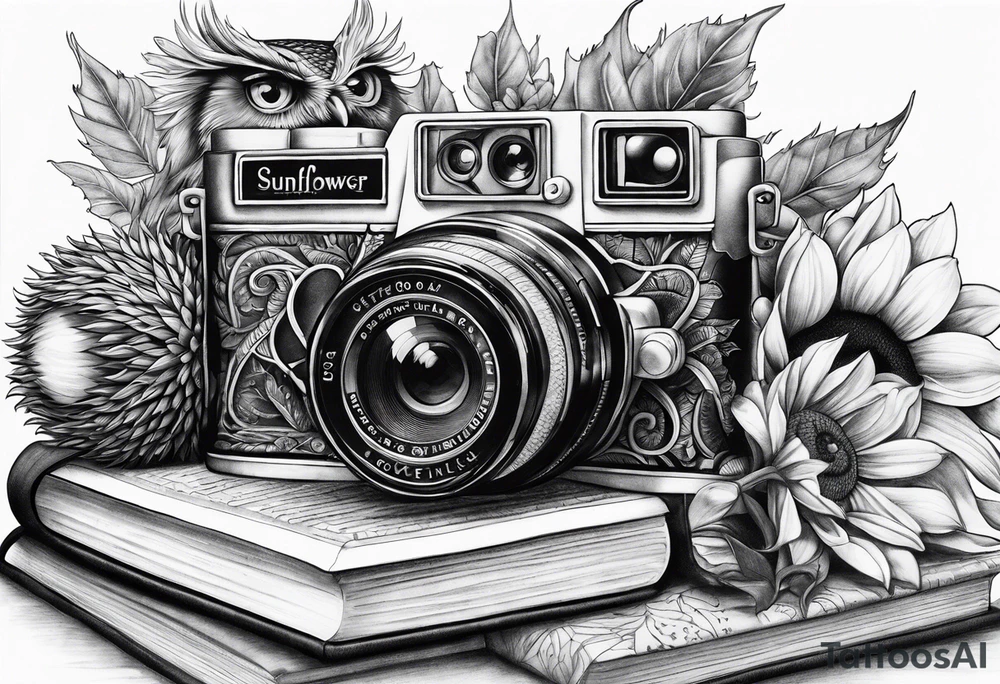 Sunflower, camera, book, owl tattoo idea