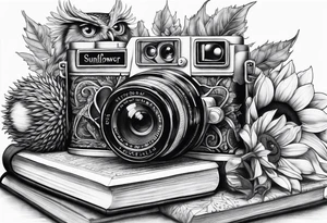 Sunflower, camera, book, owl tattoo idea