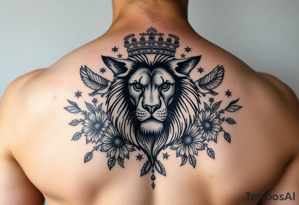 powerful majestic lion with a crown, surrounded by floral ornaments and birds tattoo idea