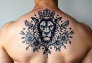 powerful majestic lion with a crown, surrounded by floral ornaments and birds tattoo idea