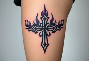A black inverted cross engulfed in dark purple flames, tattoo idea