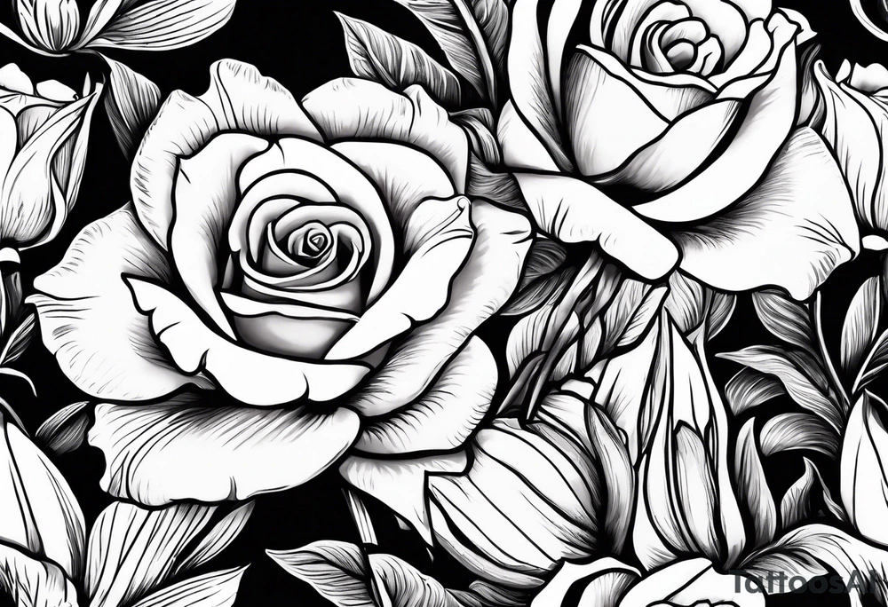 rose, violet, lilly of the valley, gladiolus, and narcissus tattoo idea