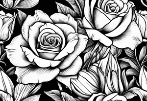 rose, violet, lilly of the valley, gladiolus, and narcissus tattoo idea