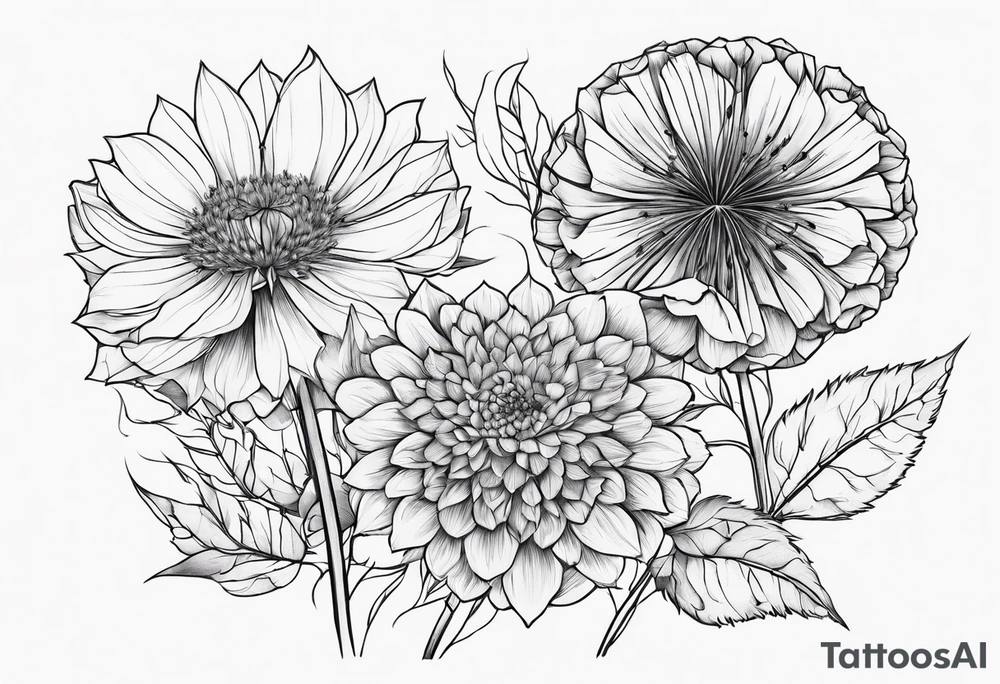 line floral 3 dandelions 1 rose tattoo idea