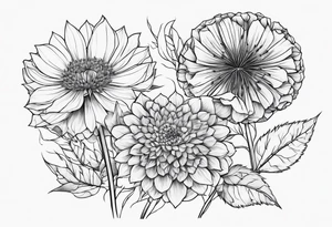 line floral 3 dandelions 1 rose tattoo idea
